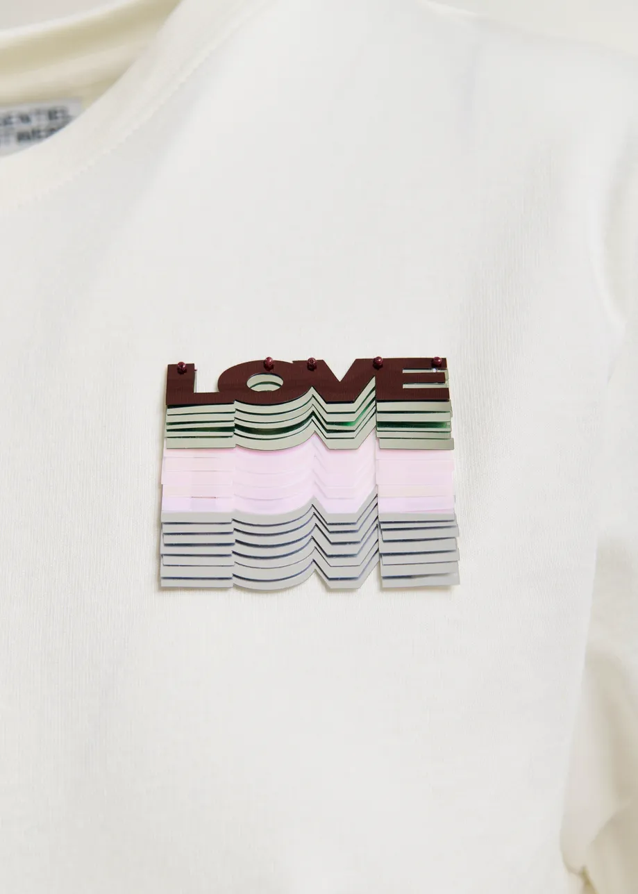 Off-white and multicolor cotton T-shirt with sequin embroidery