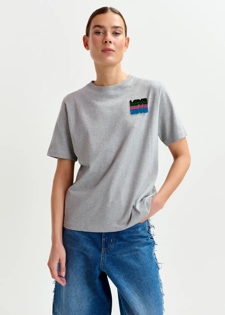 Grey and multicolor cotton T-shirt with sequin embroidery