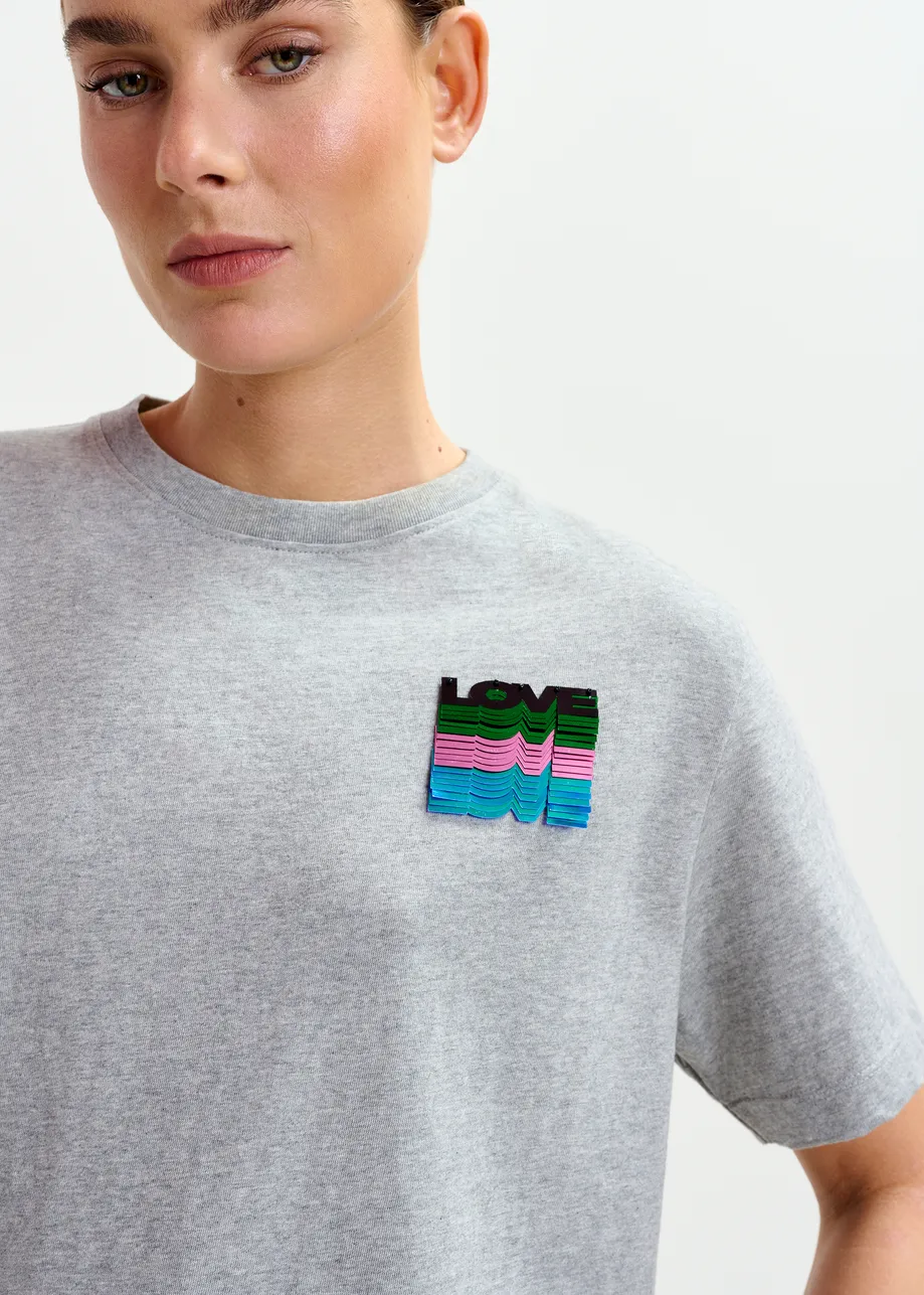 Grey and multicolor cotton T-shirt with sequin embroidery