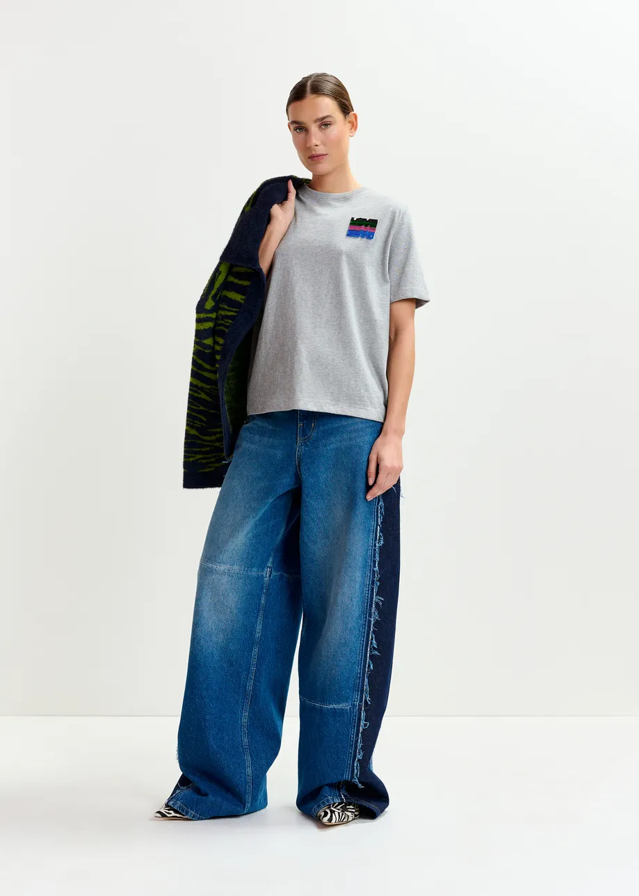 Grey and multicolor cotton T-shirt with sequin embroidery
