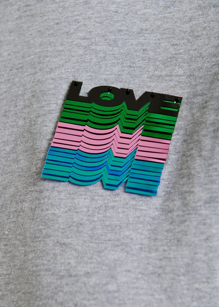 Grey and multicolor cotton T-shirt with sequin embroidery