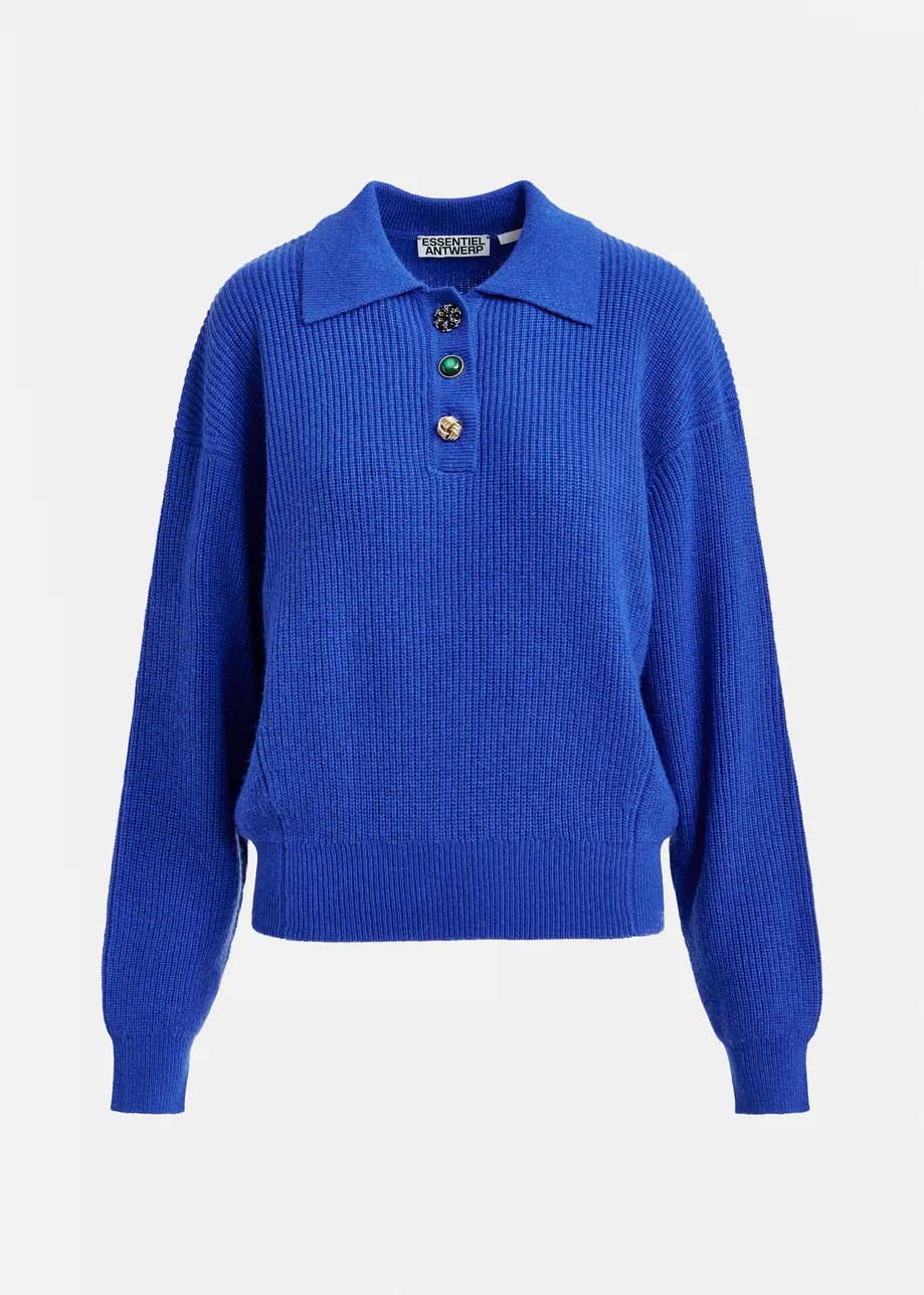 Blue wool-blend polo with jewel buttons
