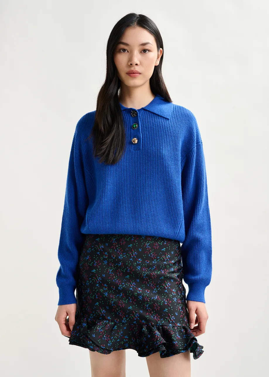 Blue wool-blend polo with jewel buttons
