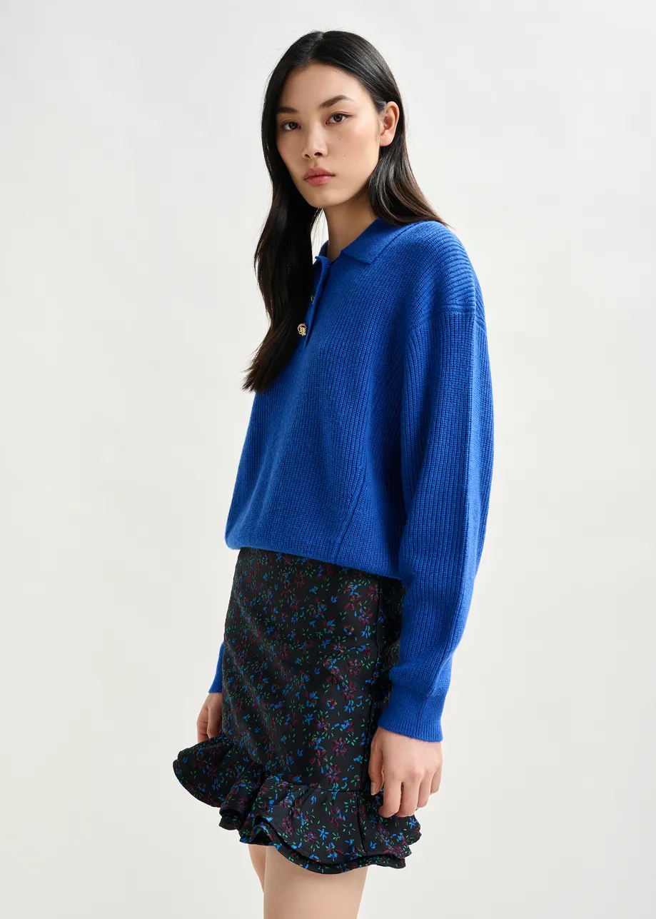 Blue wool-blend polo with jewel buttons