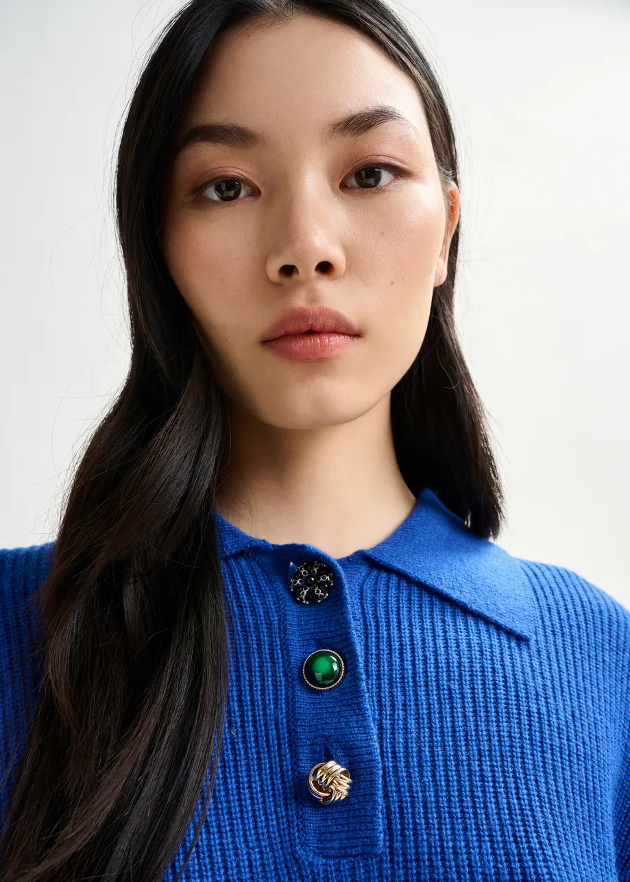 Blue wool-blend polo with jewel buttons
