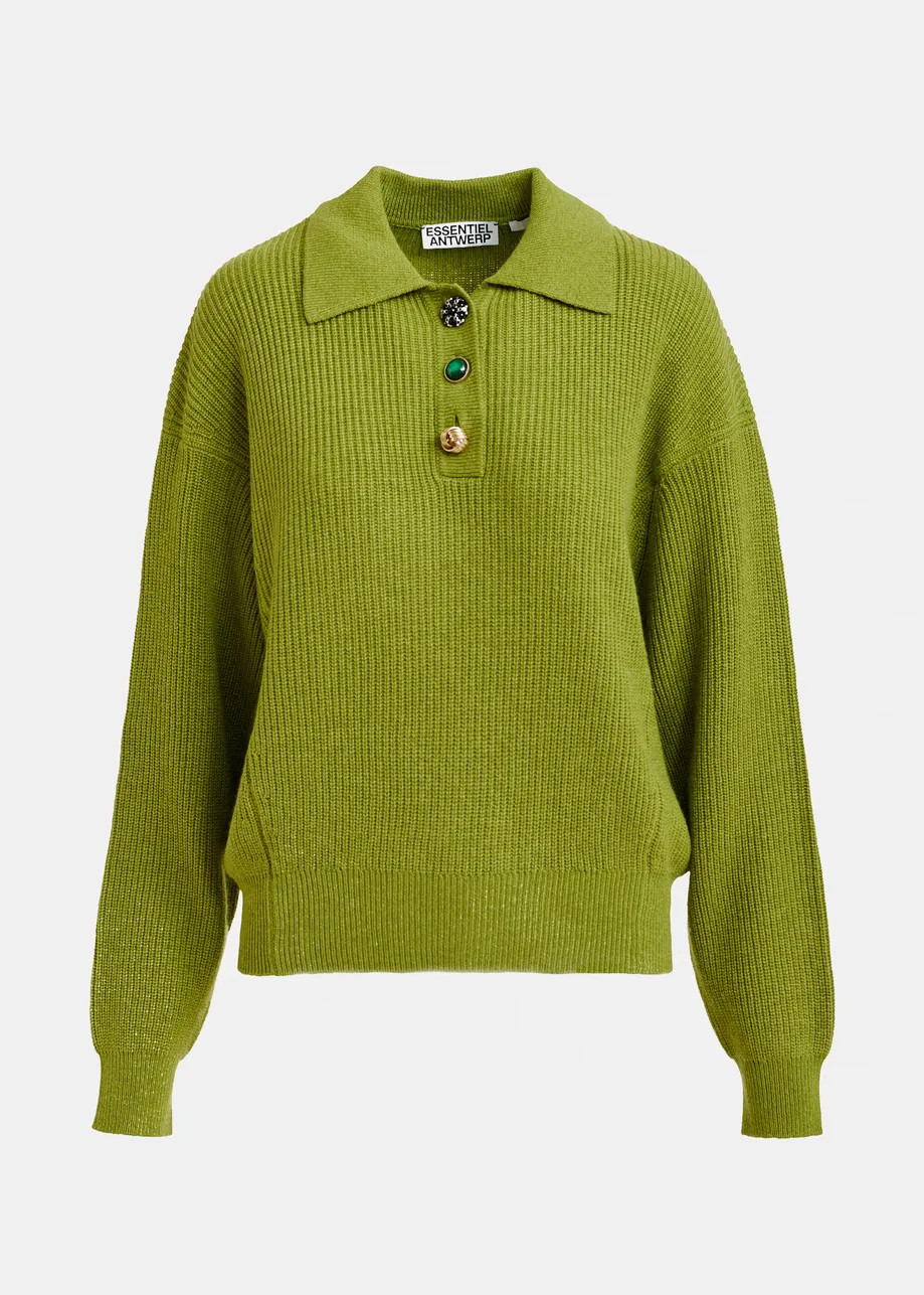 Olive green wool-blend polo with jewel buttons