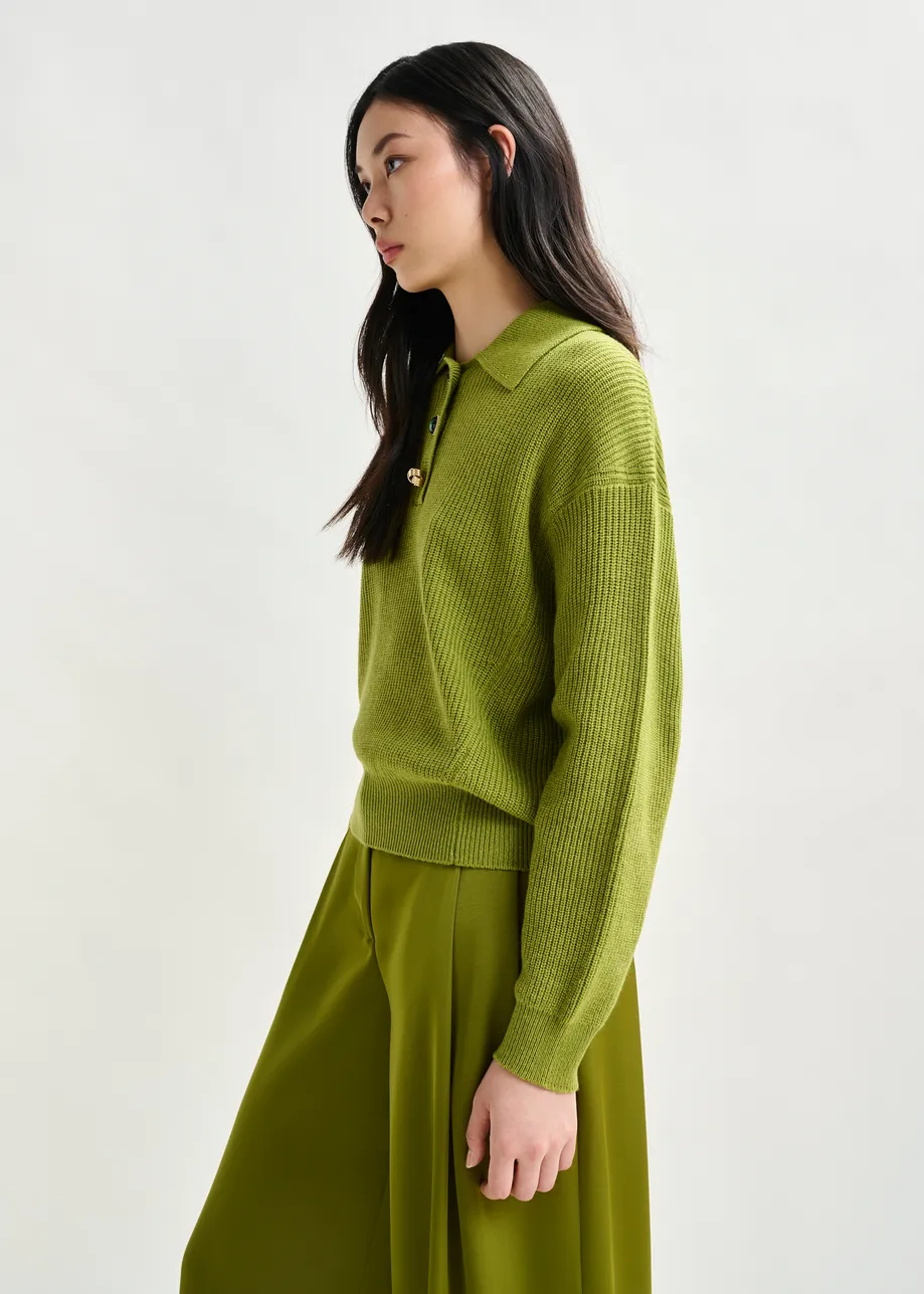 Olive green wool-blend polo with jewel buttons