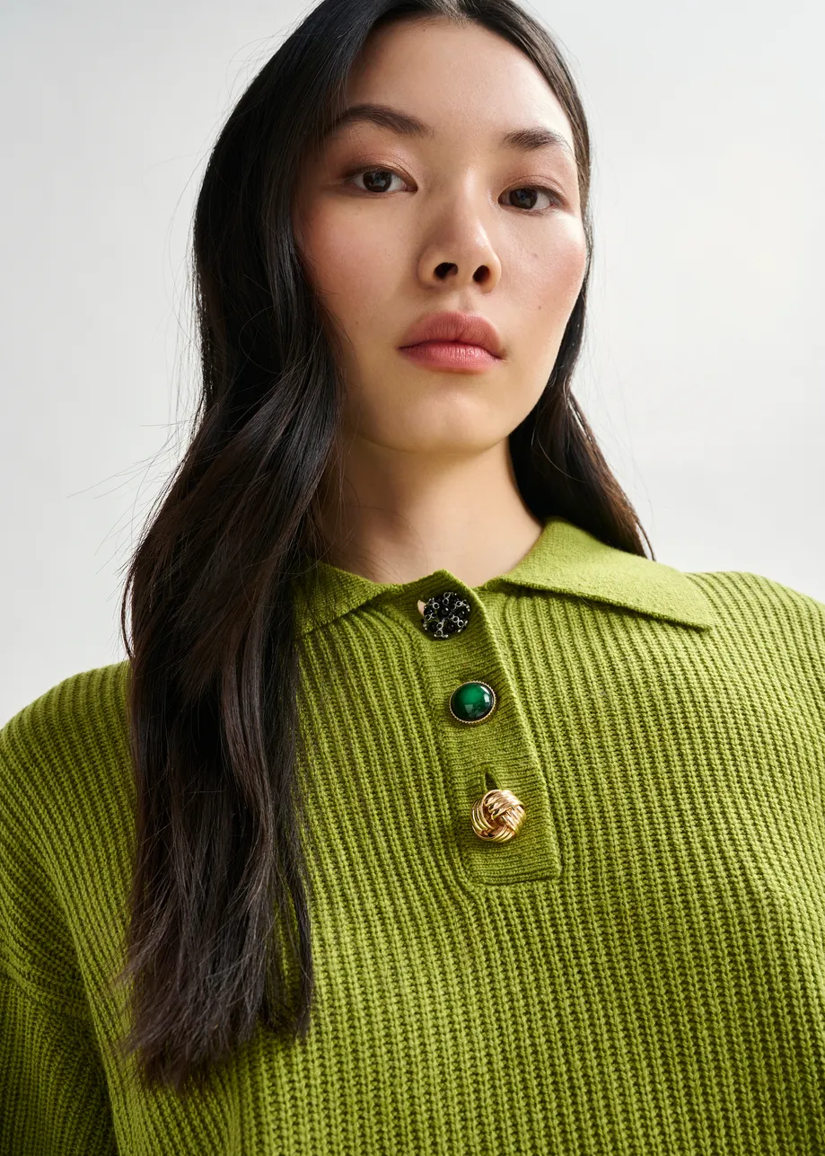 Olive green wool-blend polo with jewel buttons