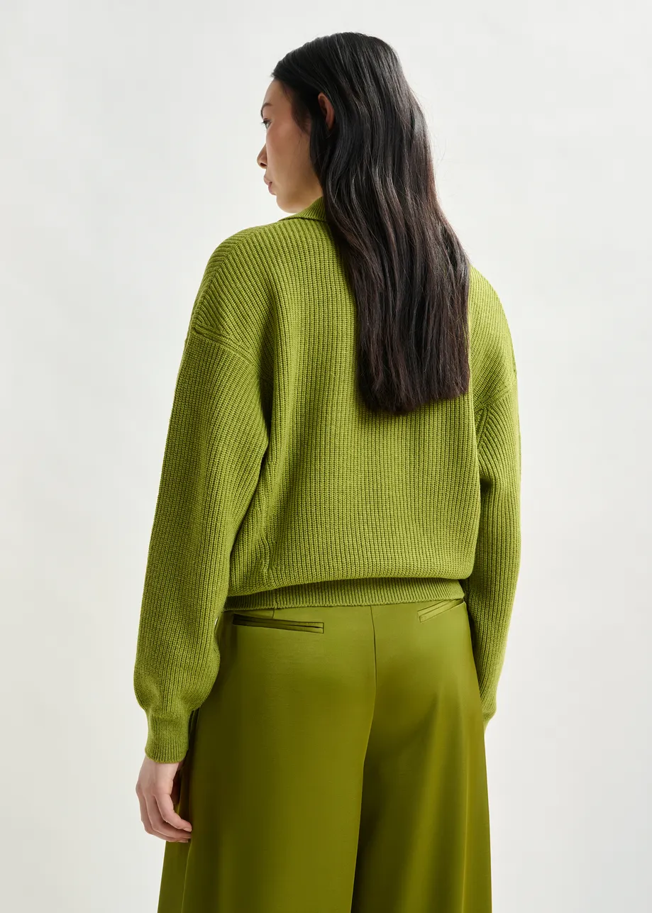 Olive green wool-blend polo with jewel buttons