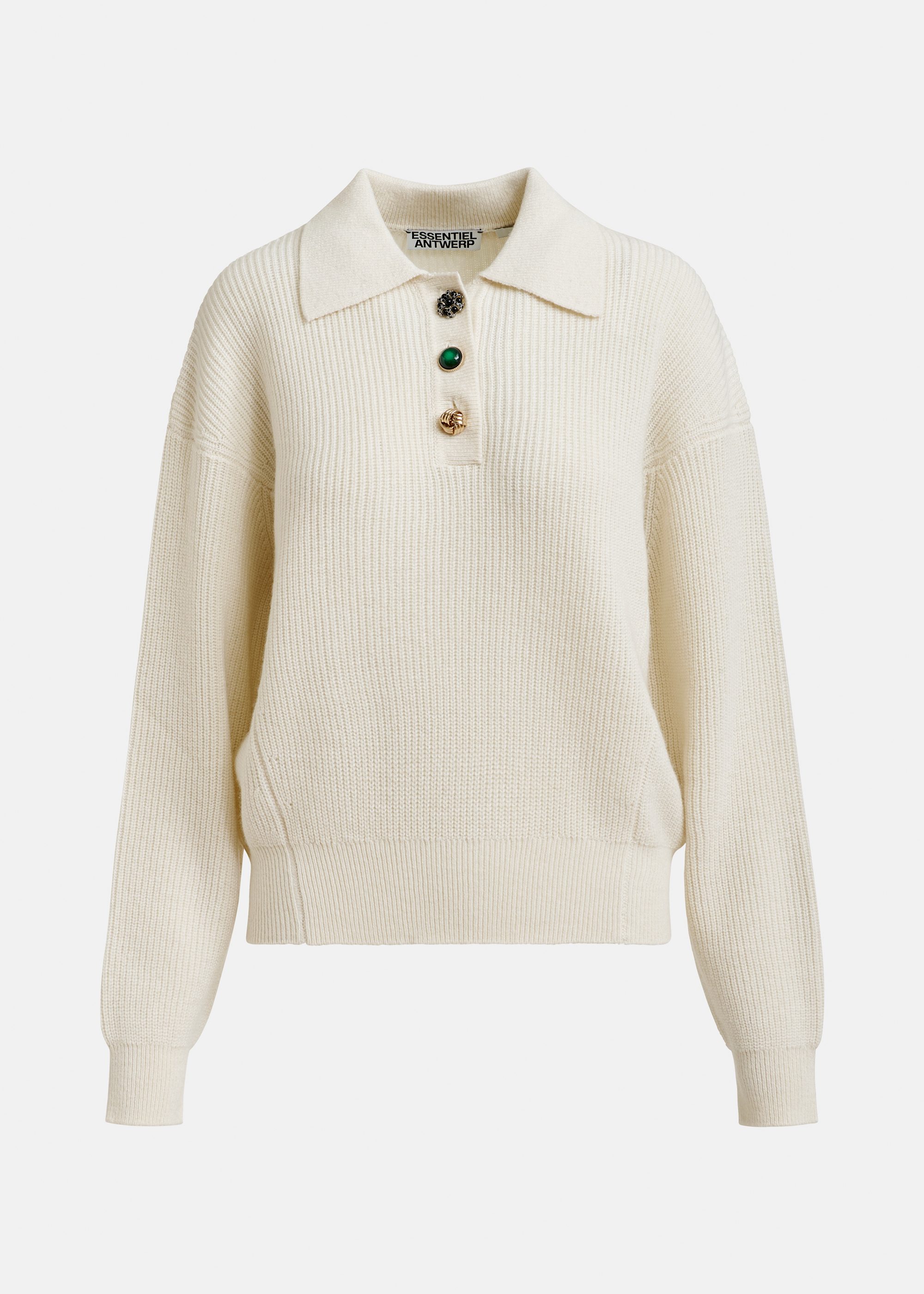 Off-white wool-blend polo with jewel buttons | Essentiel Antwerp