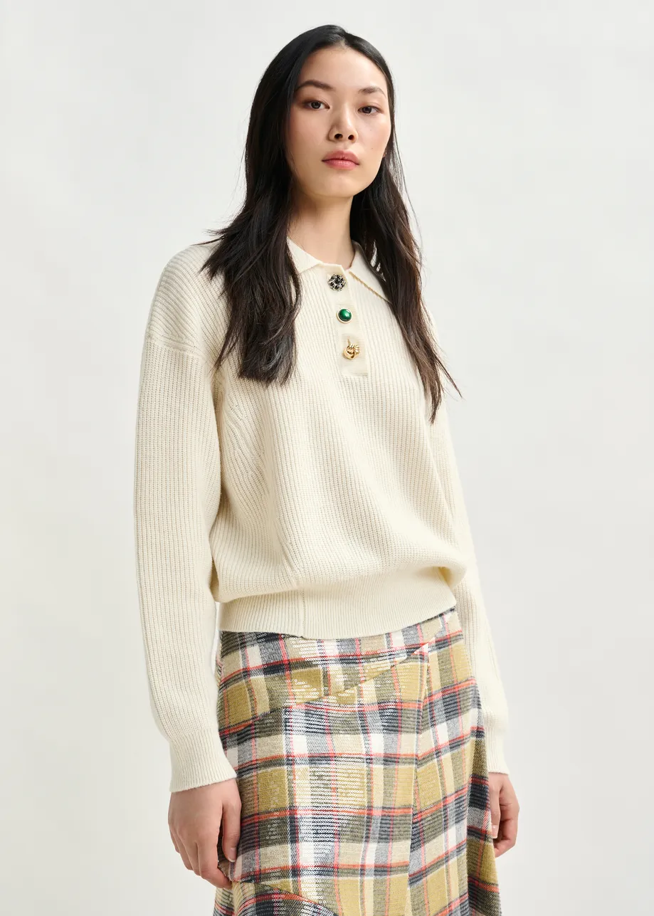 Off-white wool-blend polo with jewel buttons