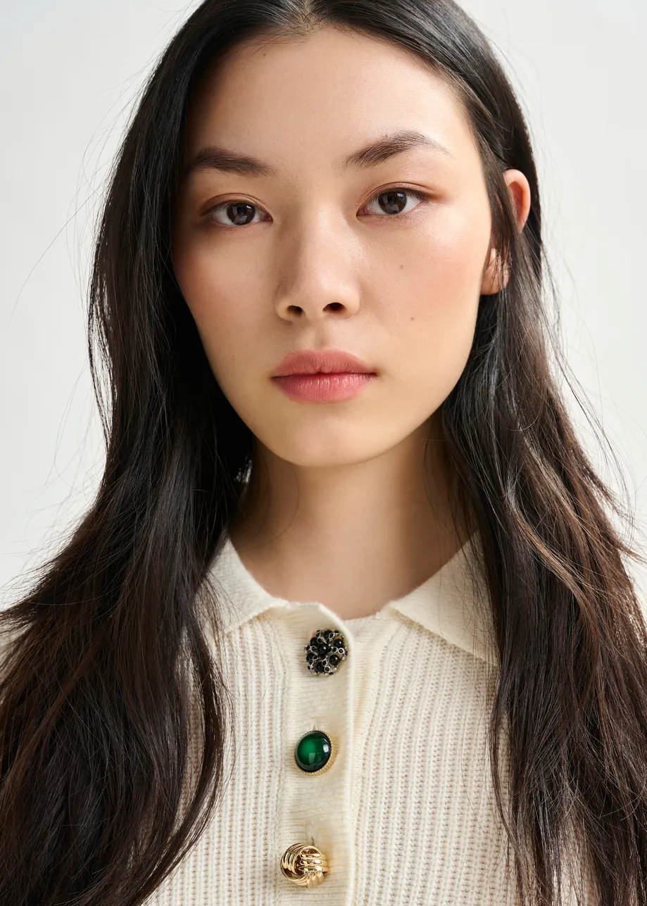 Off-white wool-blend polo with jewel buttons