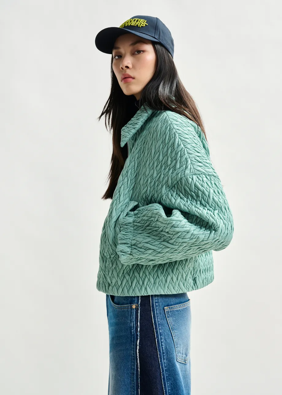Light blue faux leather bomber jacket