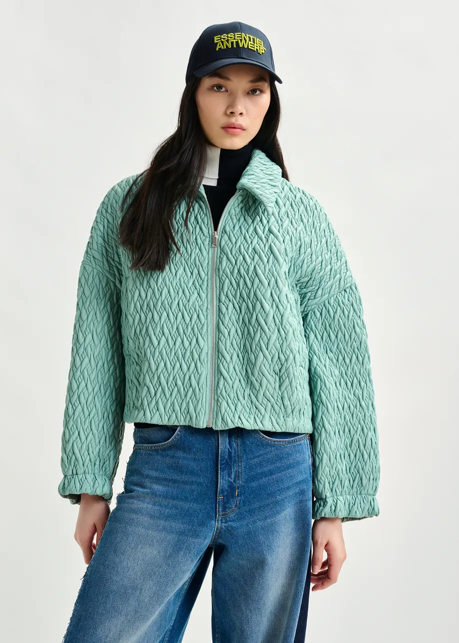 Light blue faux leather bomber jacket