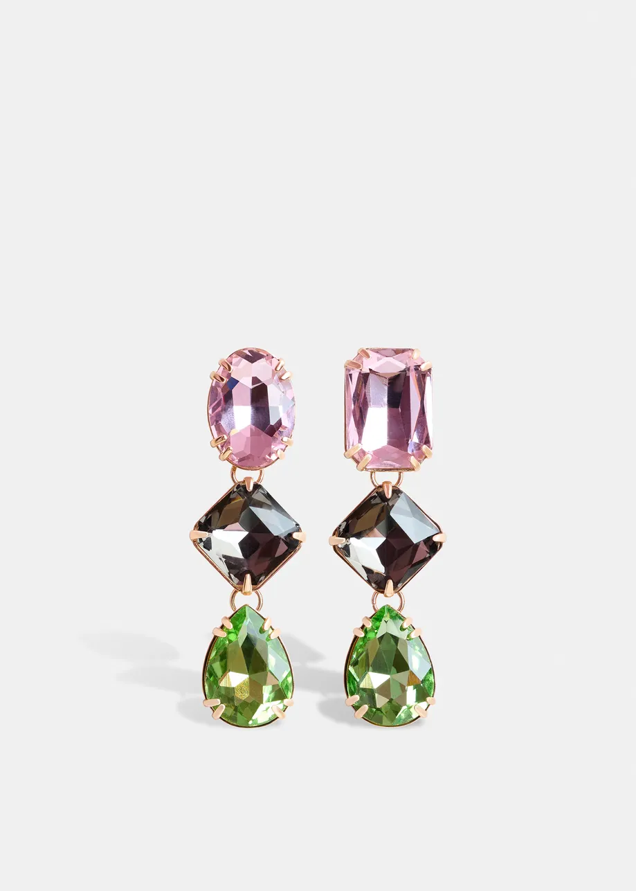 Pink, black and green gold-tone rhinestone earrings