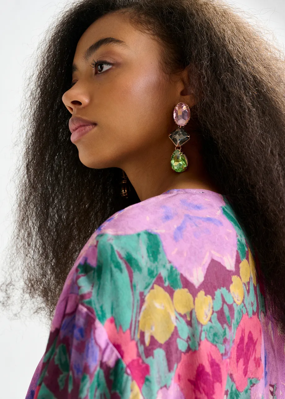 Pink, black and green gold-tone rhinestone earrings