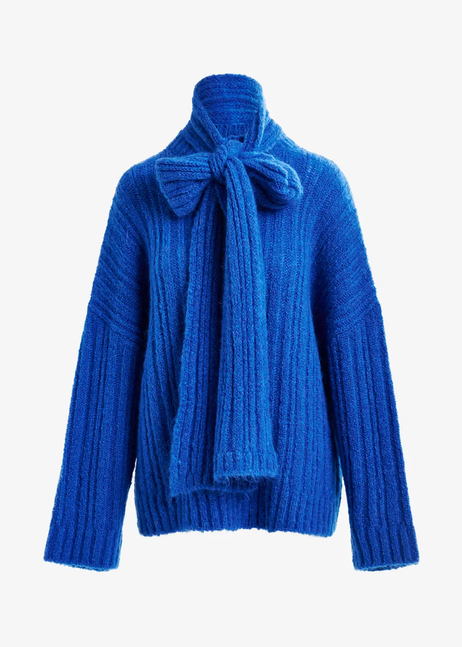 Blue mohair-blend ribbed sweater with pussy-bow tie