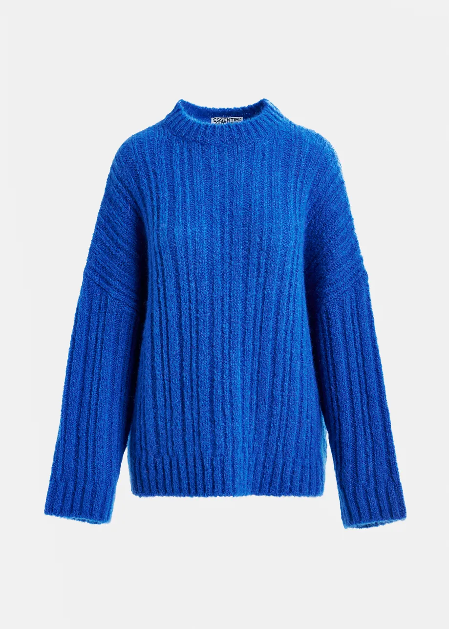 Blue mohair-blend ribbed sweater with pussy-bow tie