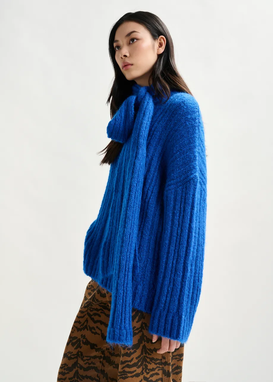 Blue mohair-blend ribbed sweater with pussy-bow tie