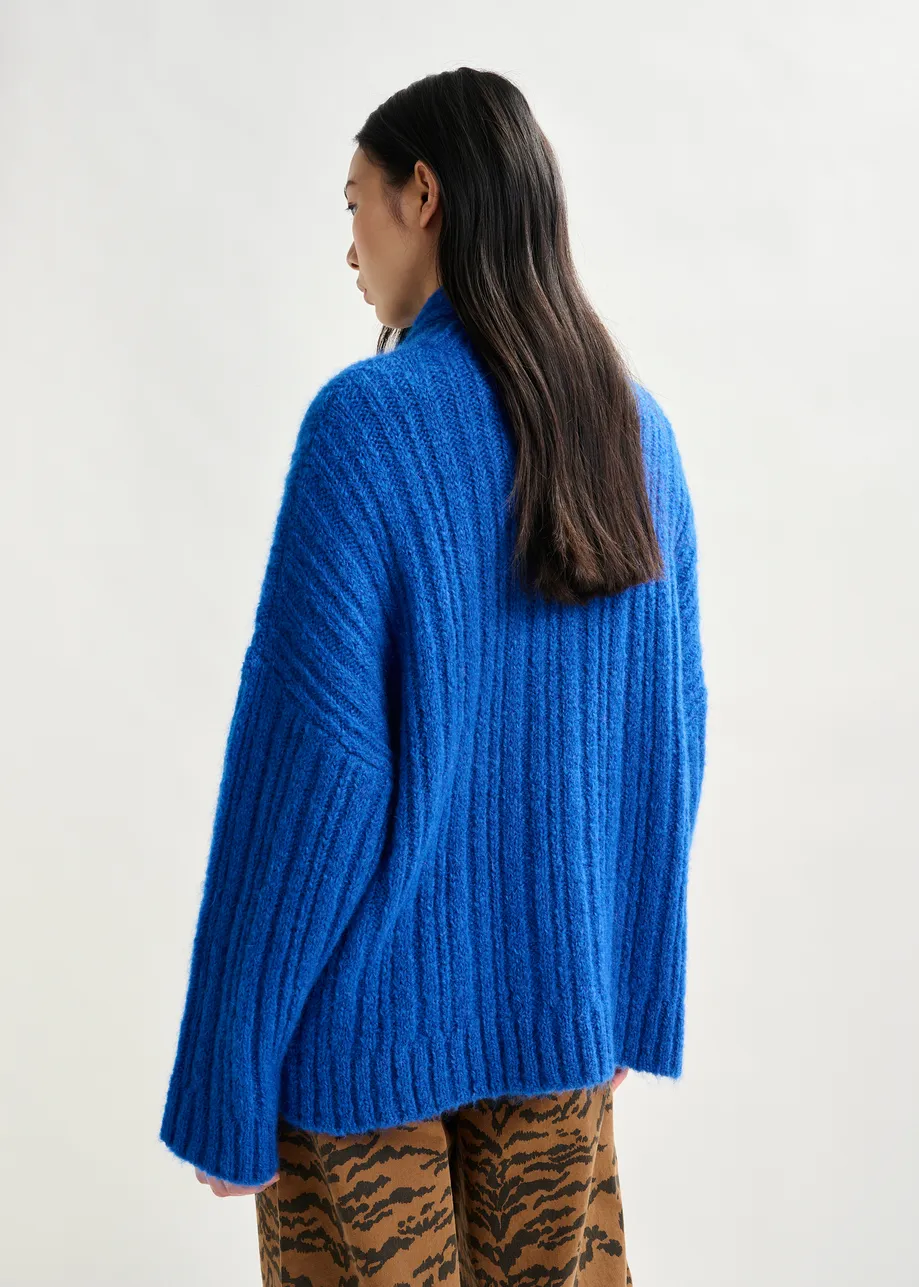 Blue mohair-blend ribbed sweater with pussy-bow tie