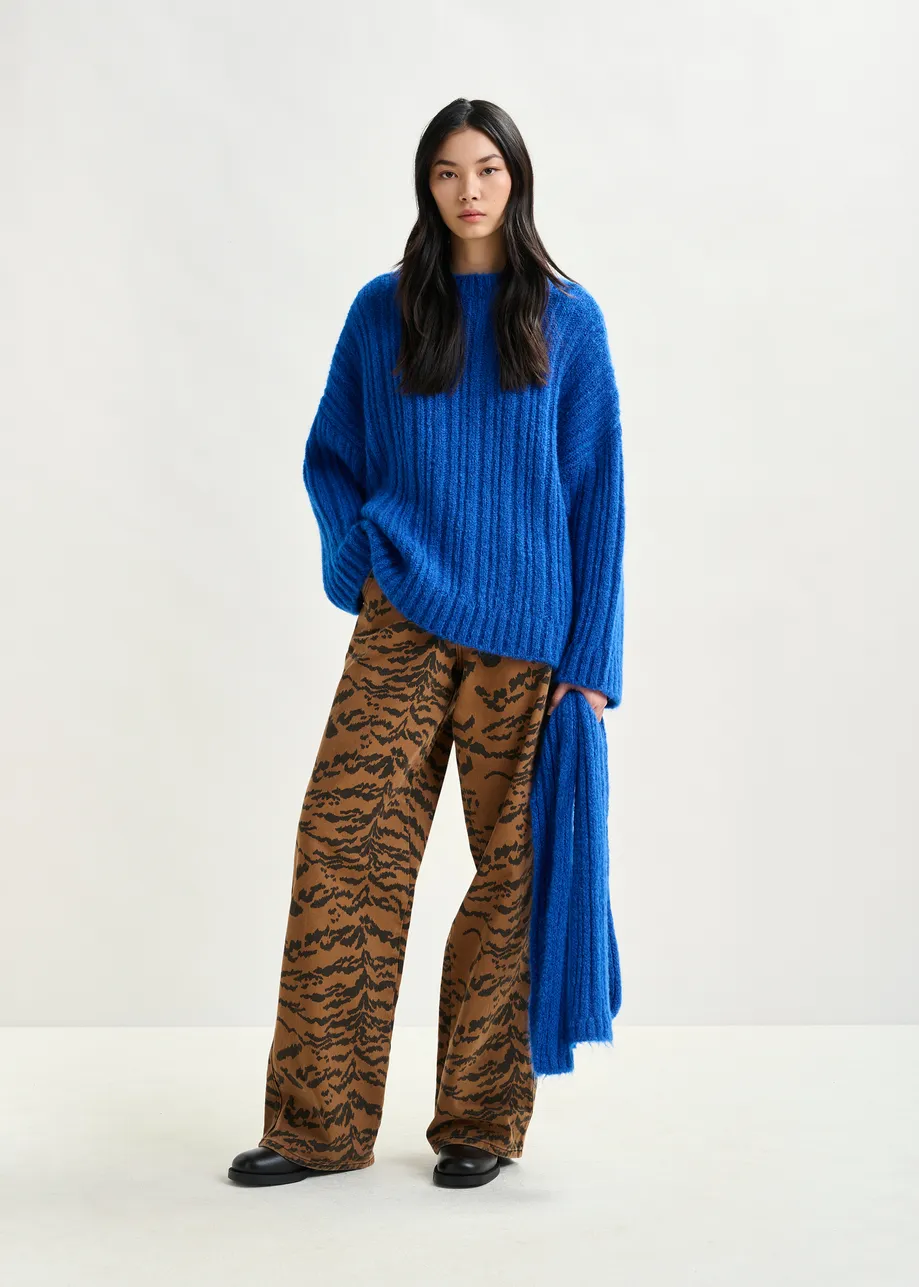 Blue mohair-blend ribbed sweater with pussy-bow tie