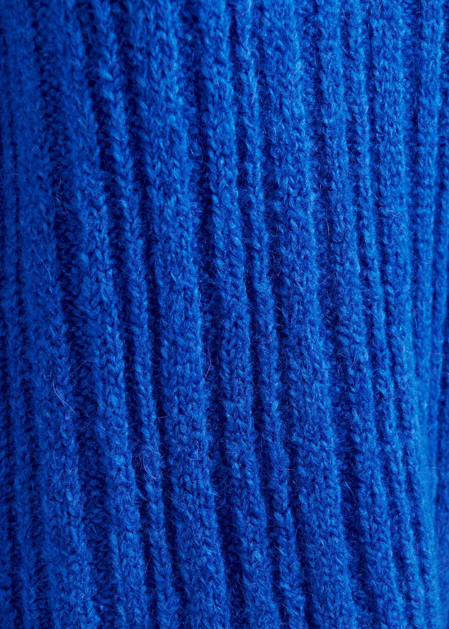Blue mohair-blend ribbed sweater with pussy-bow tie