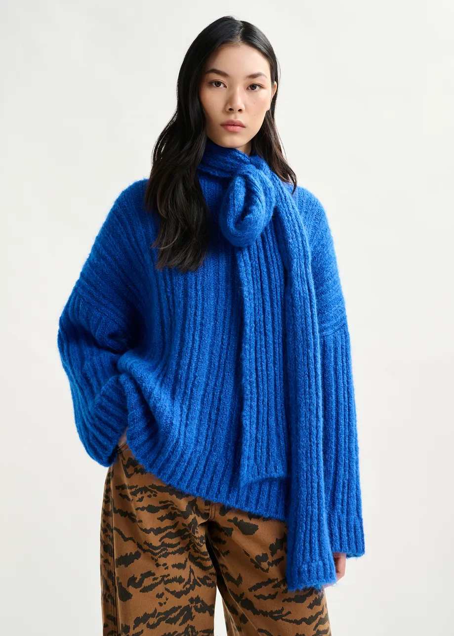 Blue mohair-blend ribbed sweater with pussy-bow tie