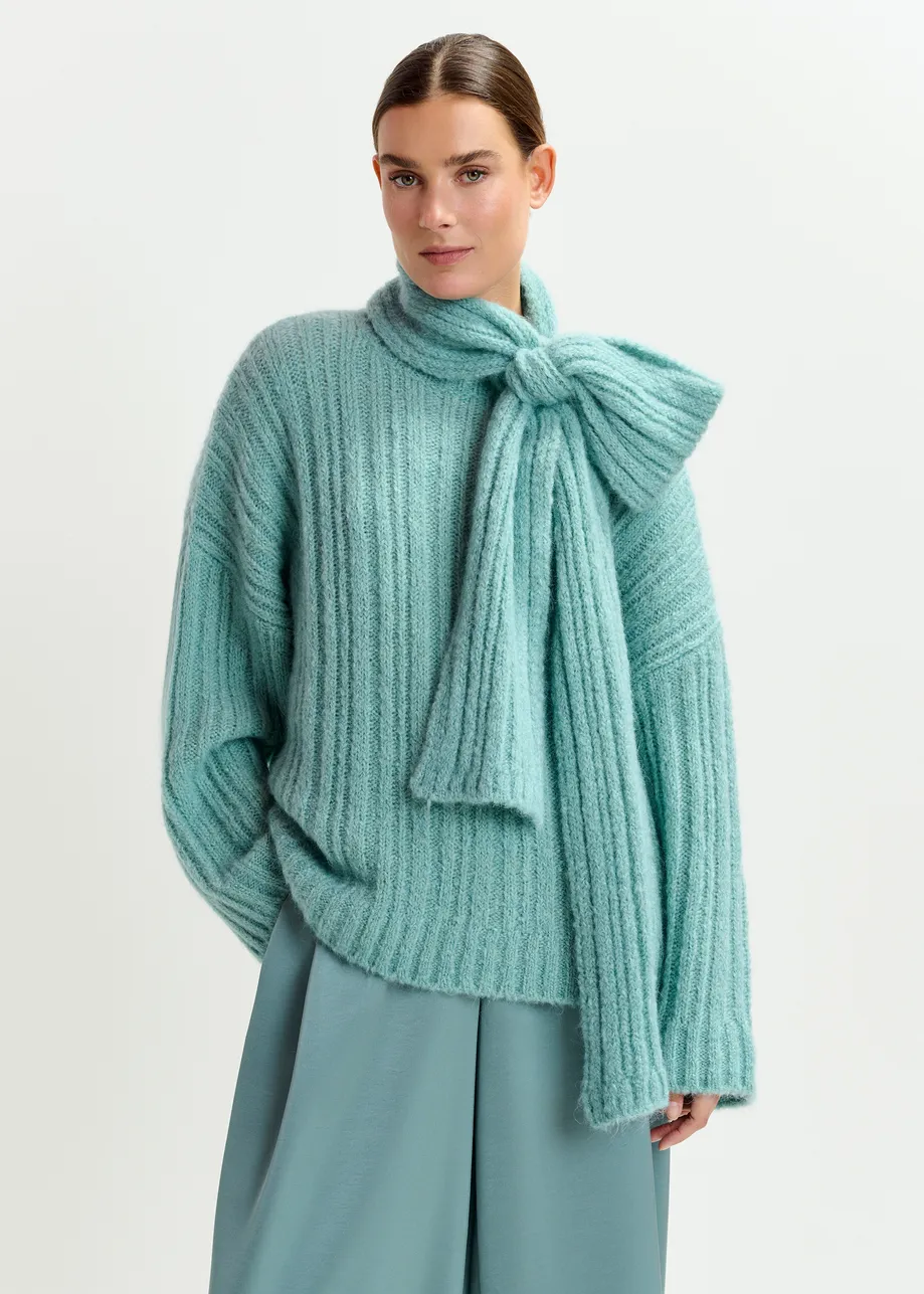 Light blue mohair-blend ribbed sweater with pussy-bow tie