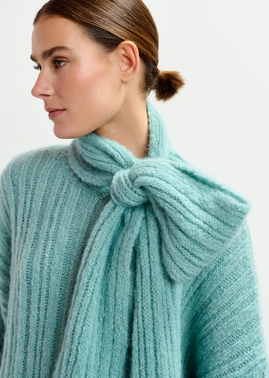 Light blue mohair-blend ribbed sweater with pussy-bow tie