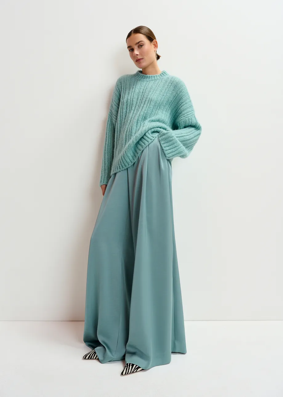 Light blue mohair-blend ribbed sweater with pussy-bow tie