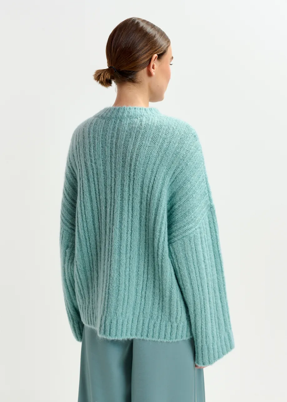 Light blue mohair-blend ribbed sweater with pussy-bow tie