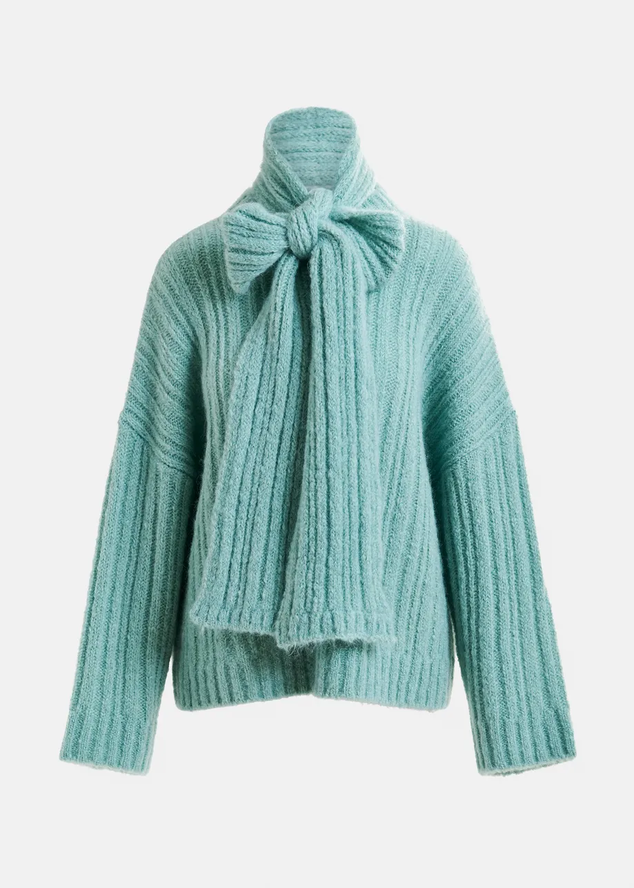 Light blue mohair-blend ribbed sweater with pussy-bow tie