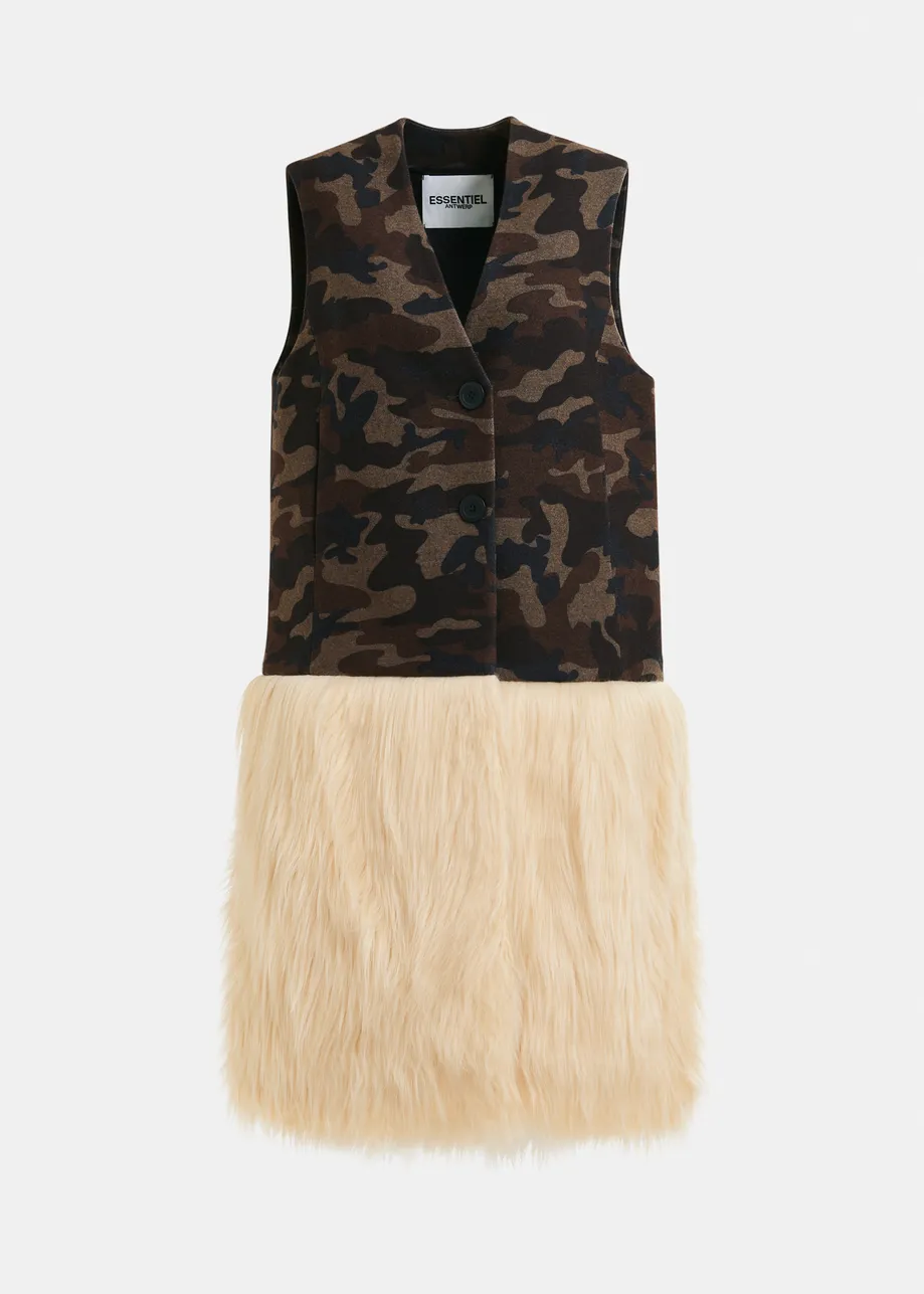Khaki, beige and black camouflage wool-blend sleeveless jacket with  off-white faux fur