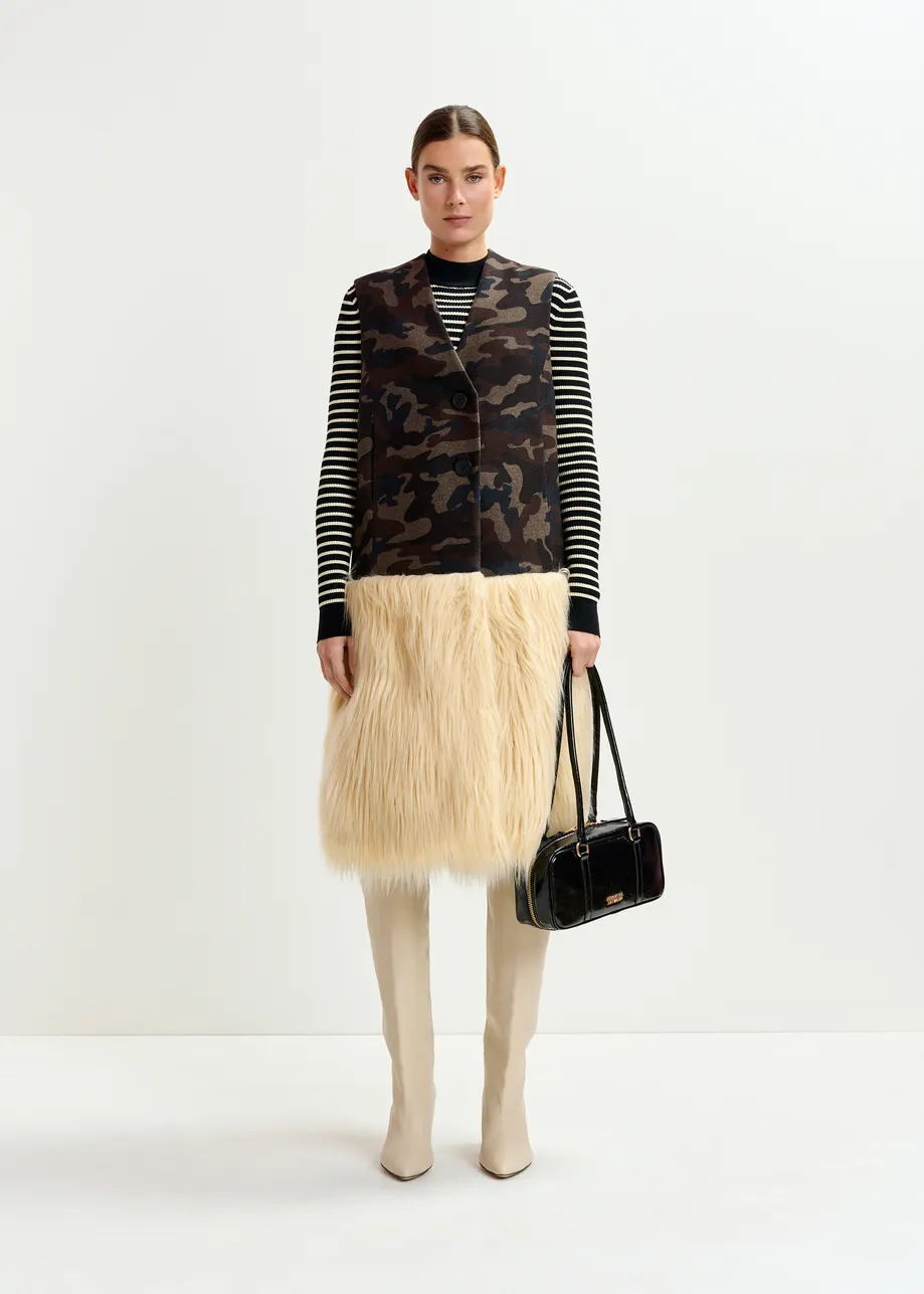 Khaki, beige and black camouflage wool-blend sleeveless jacket with  off-white faux fur