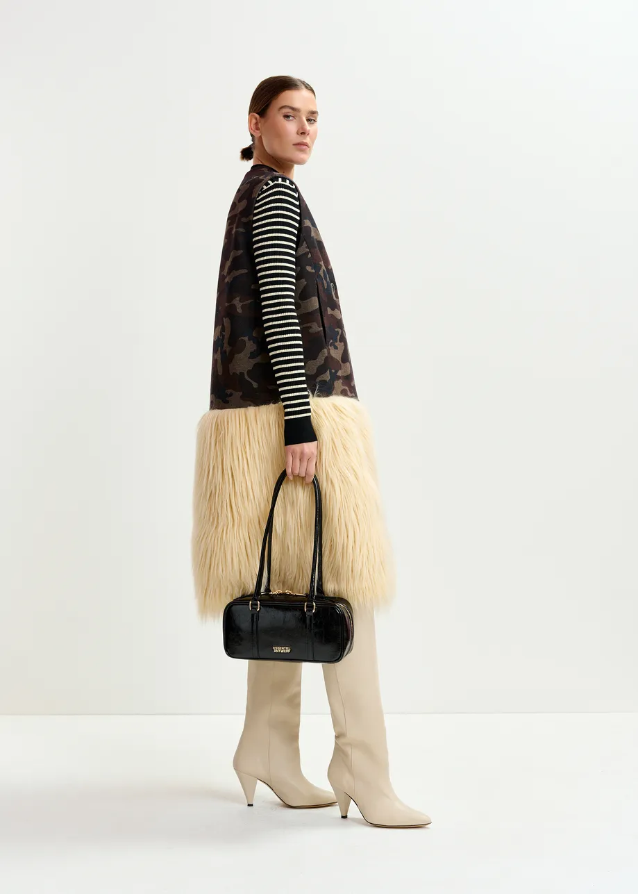Khaki, beige and black camouflage wool-blend sleeveless jacket with  off-white faux fur
