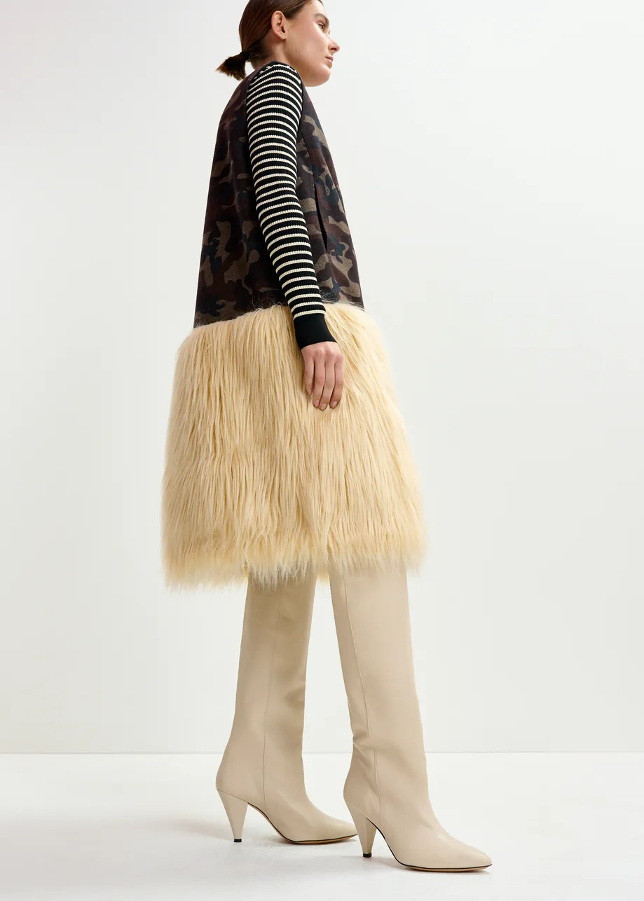 Khaki, beige and black camouflage wool-blend sleeveless jacket with  off-white faux fur