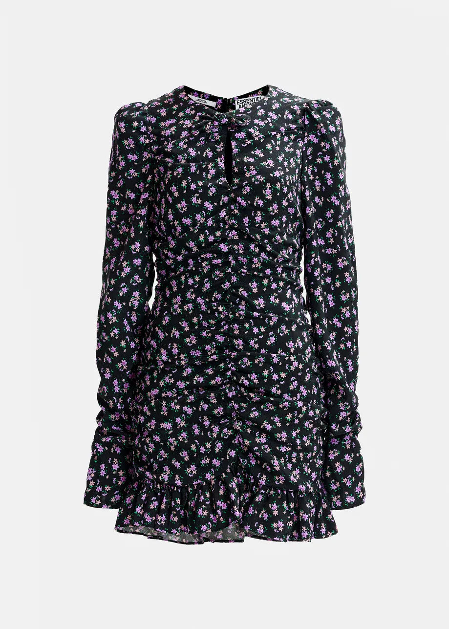 Mini-robe à ruches et imprimé noire, violette et verte