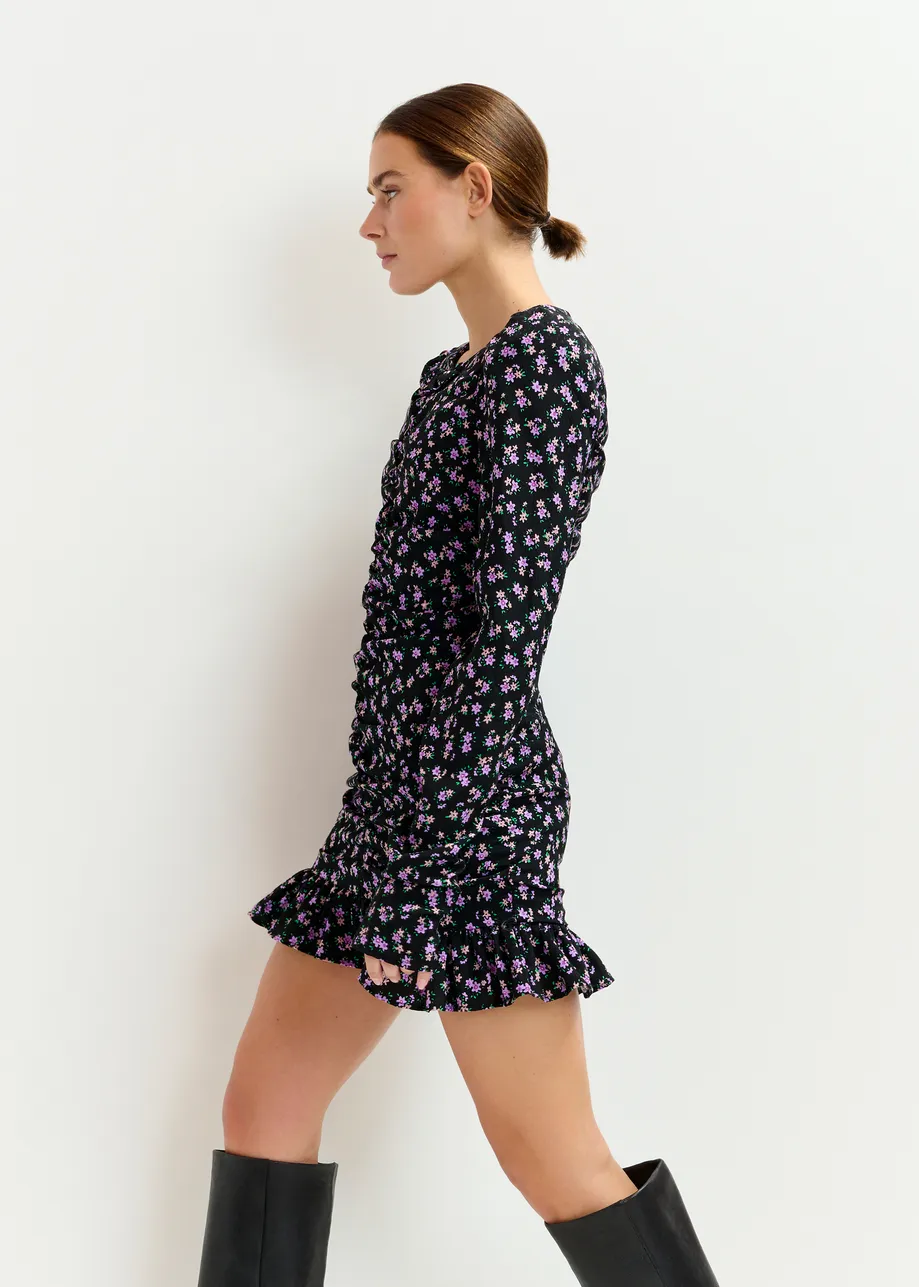 Mini-robe à ruches et imprimé noire, violette et verte