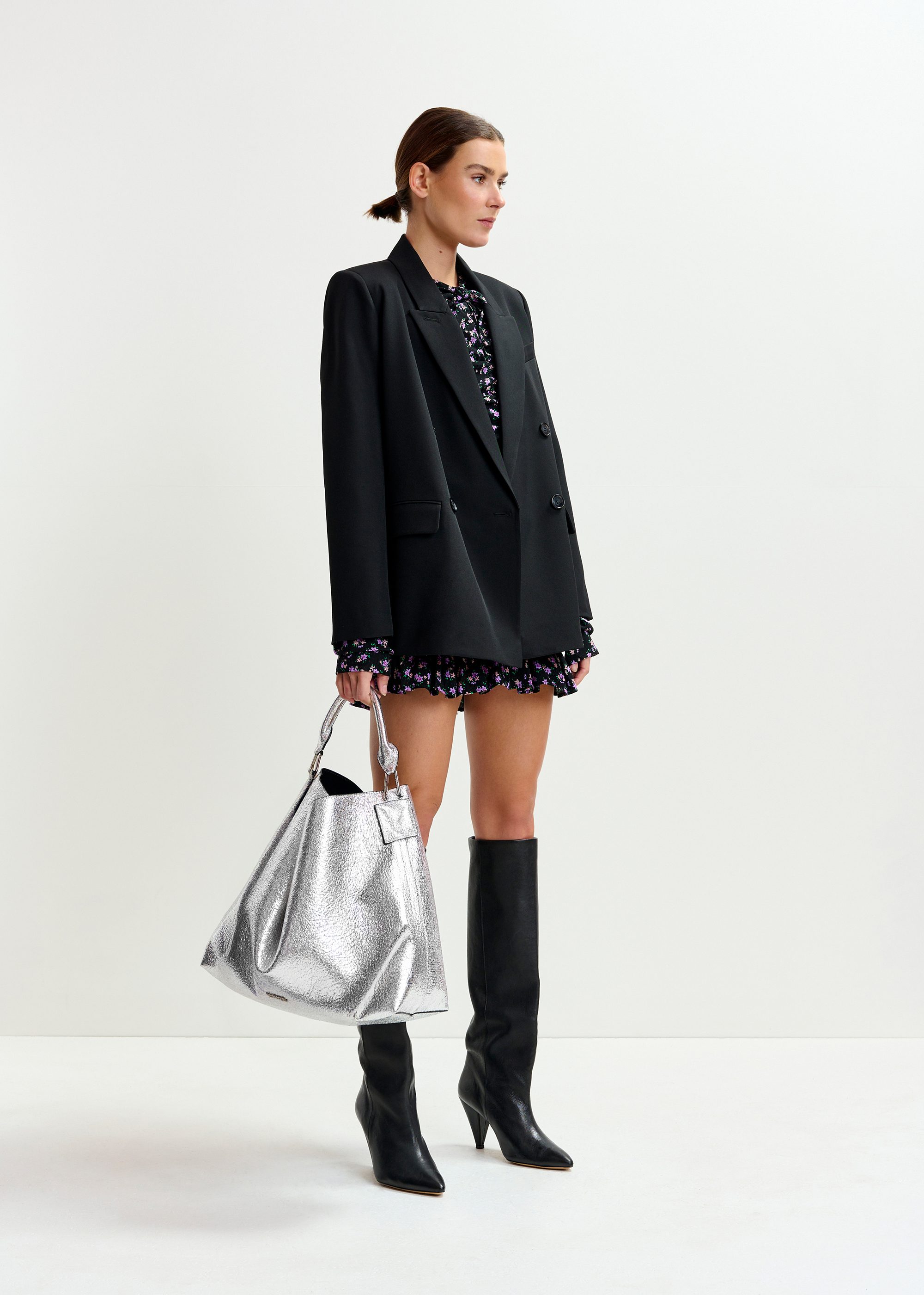 ESSENTIEL ANTWERP ブラック ミニドレス Black, purple and green ruched printed mini dress