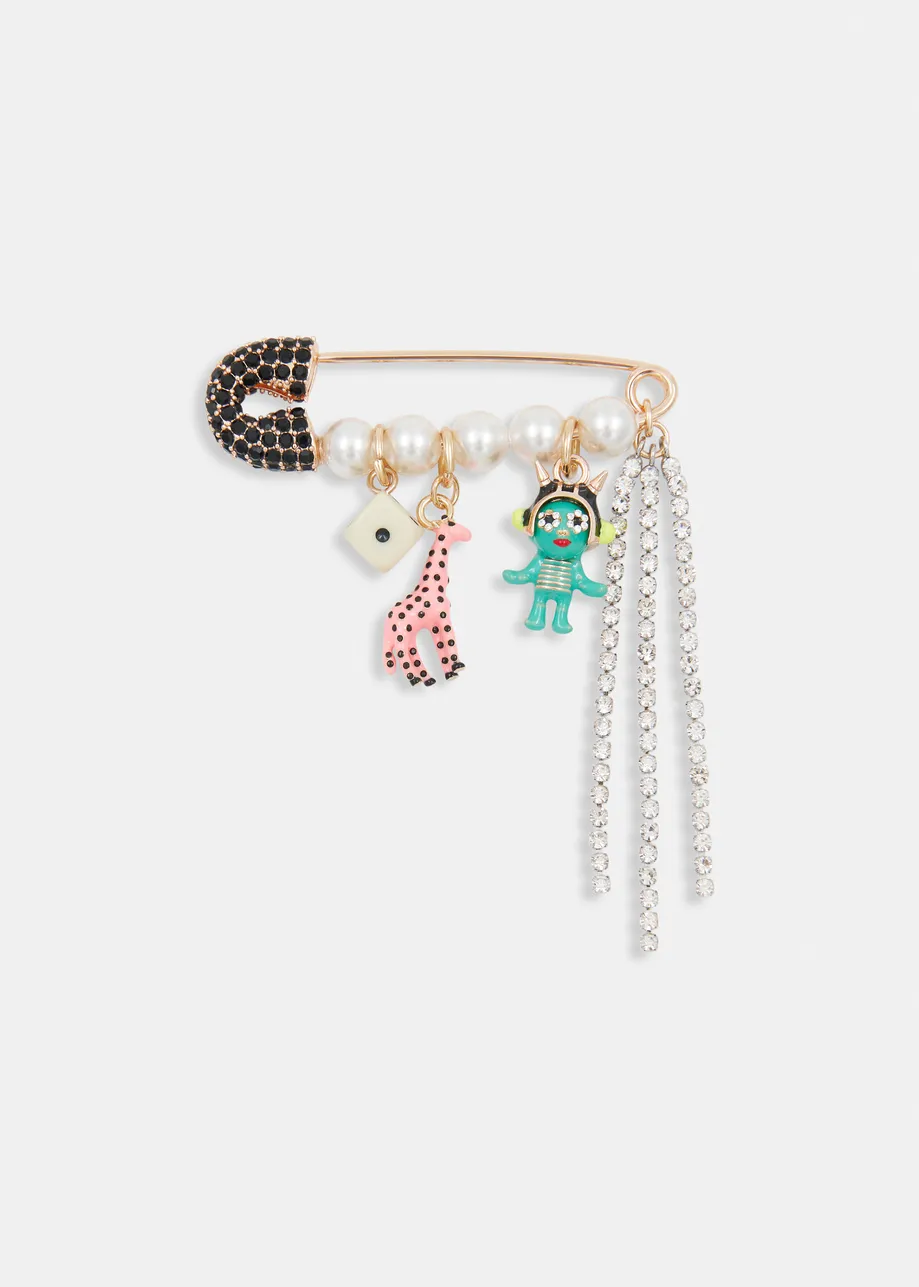 Gold, off-white and black rhinestone encrushed safety pin brooch with pearls and charms