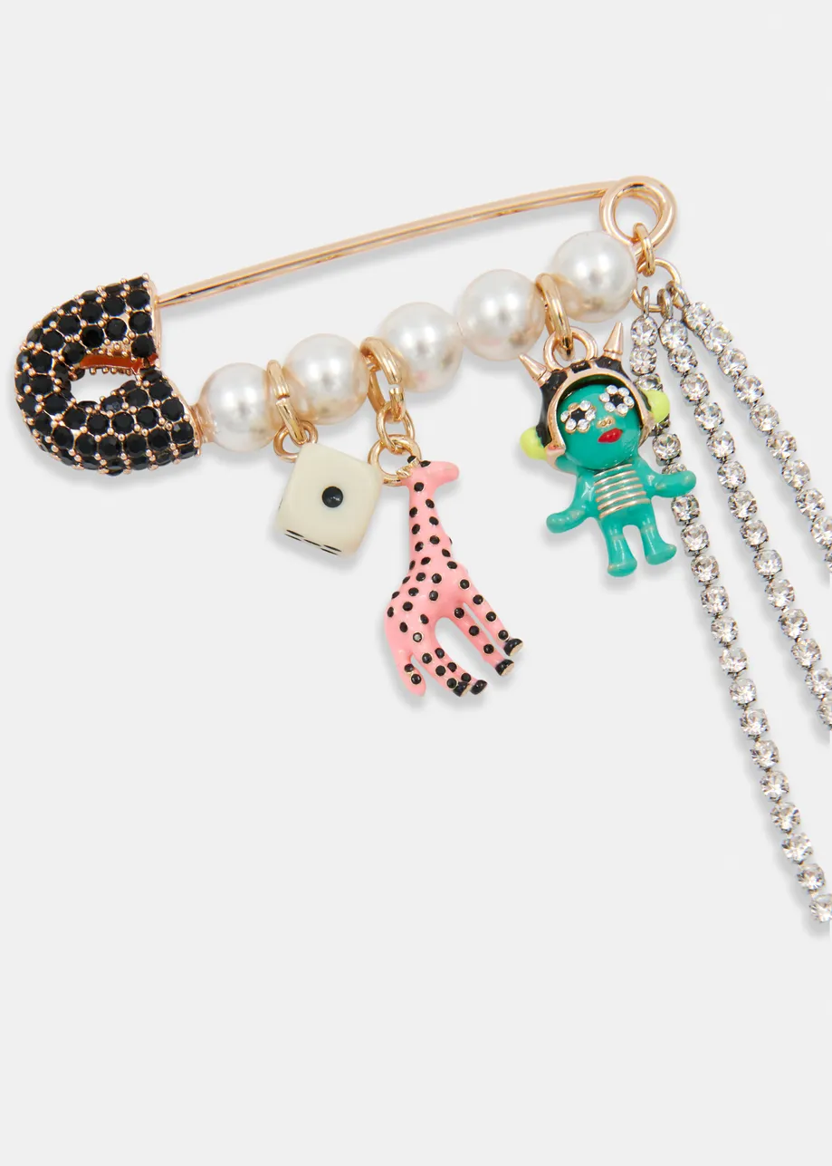 Gold, off-white and black rhinestone encrushed safety pin brooch with pearls and charms