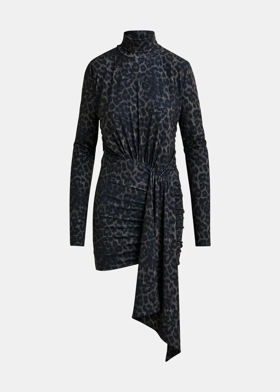 Brown and black draped leopard-print mini dress with ruched detailing