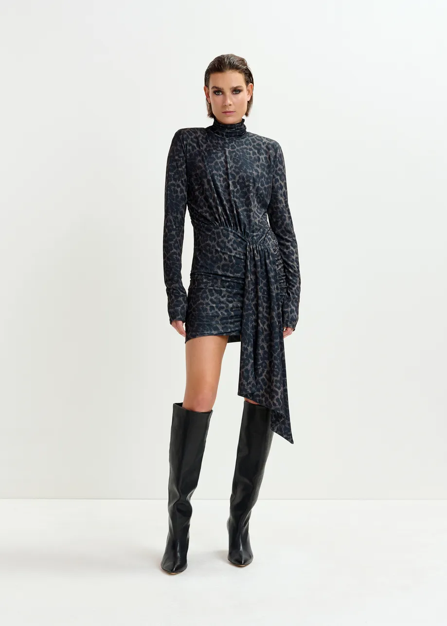 Brown and black draped leopard-print mini dress with ruched detailing
