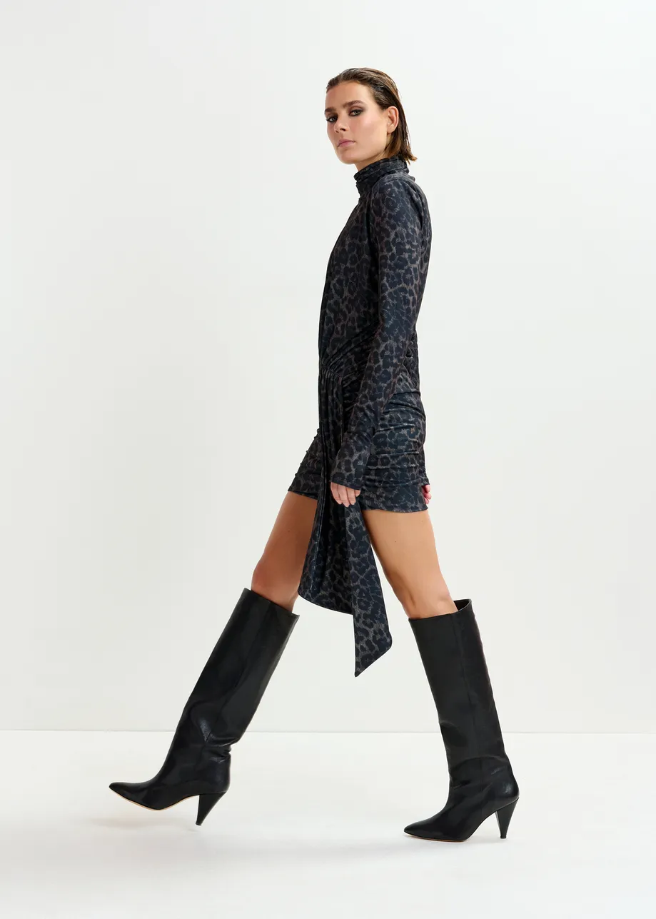 Brown and black draped leopard-print mini dress with ruched detailing