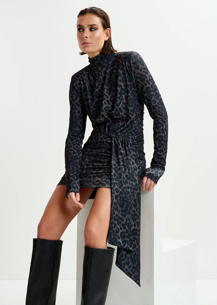 Brown and black draped leopard-print mini dress with ruched detailing