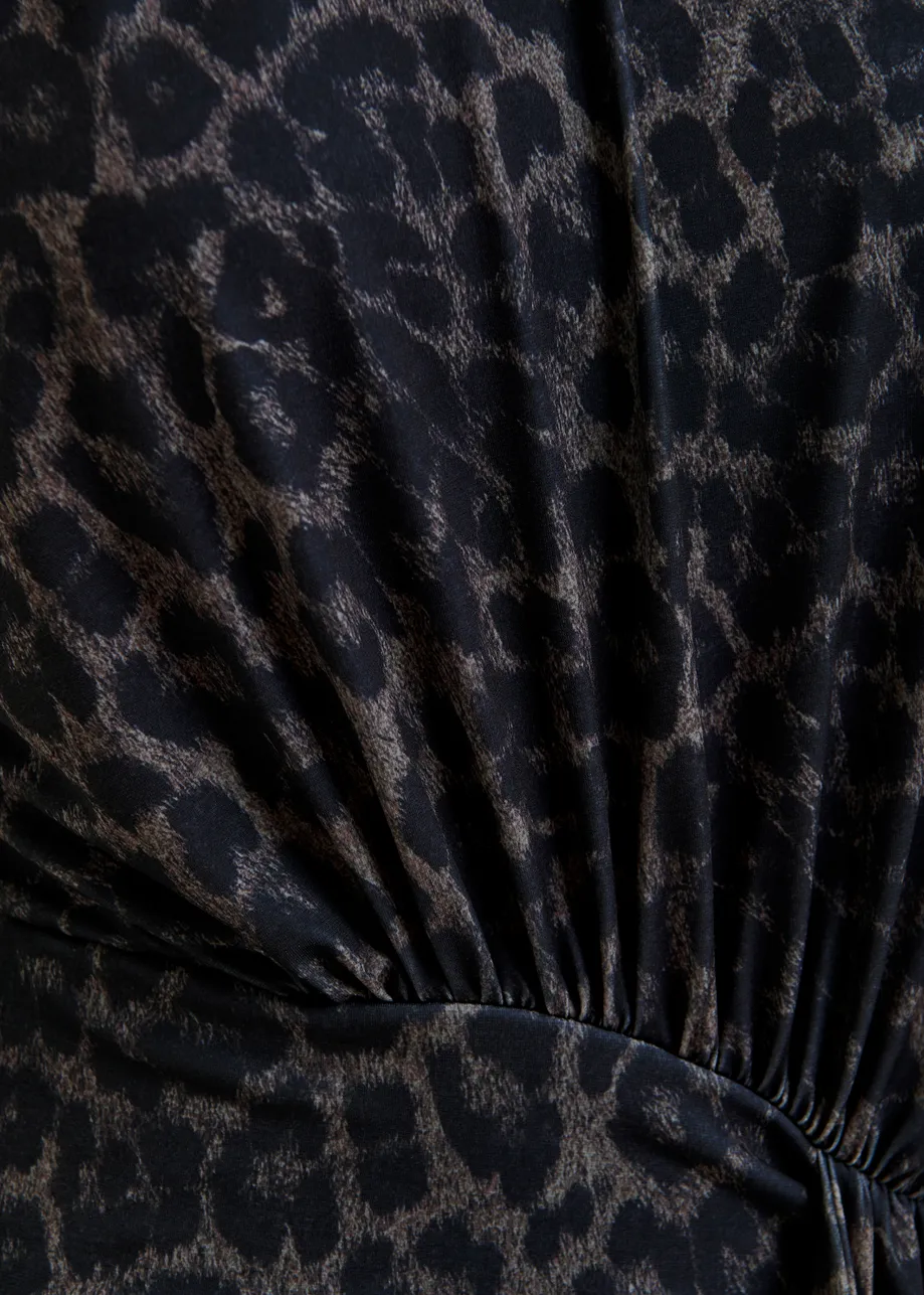 Brown and black draped leopard-print mini dress with ruched detailing