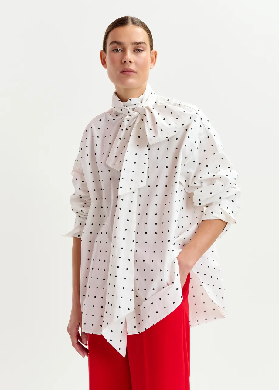 White and black polkadot cotton shirt with pussy bow