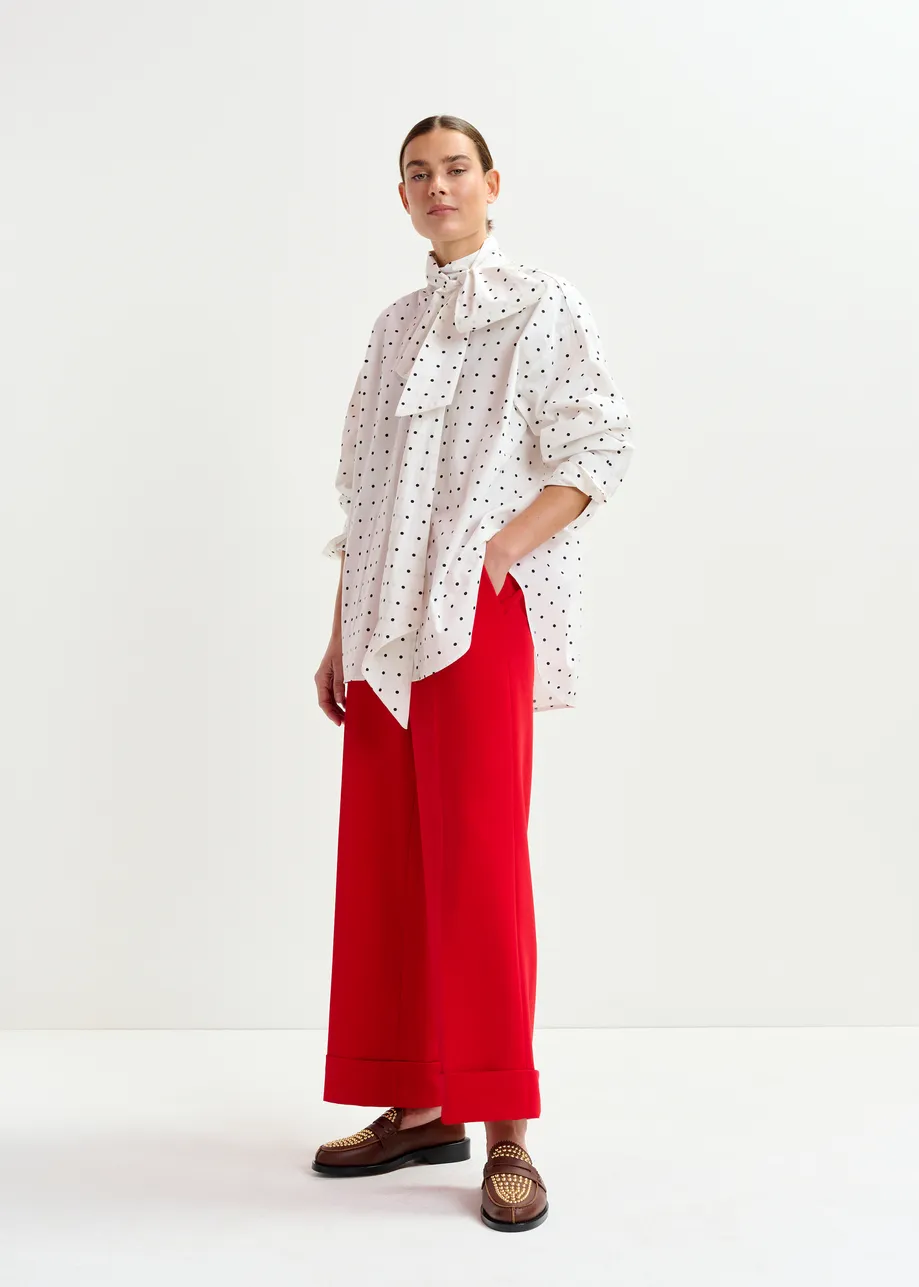 White and black polkadot cotton shirt with pussy bow