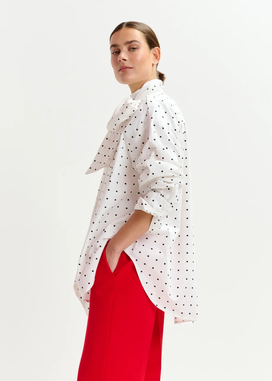 White and black polkadot cotton shirt with pussy bow