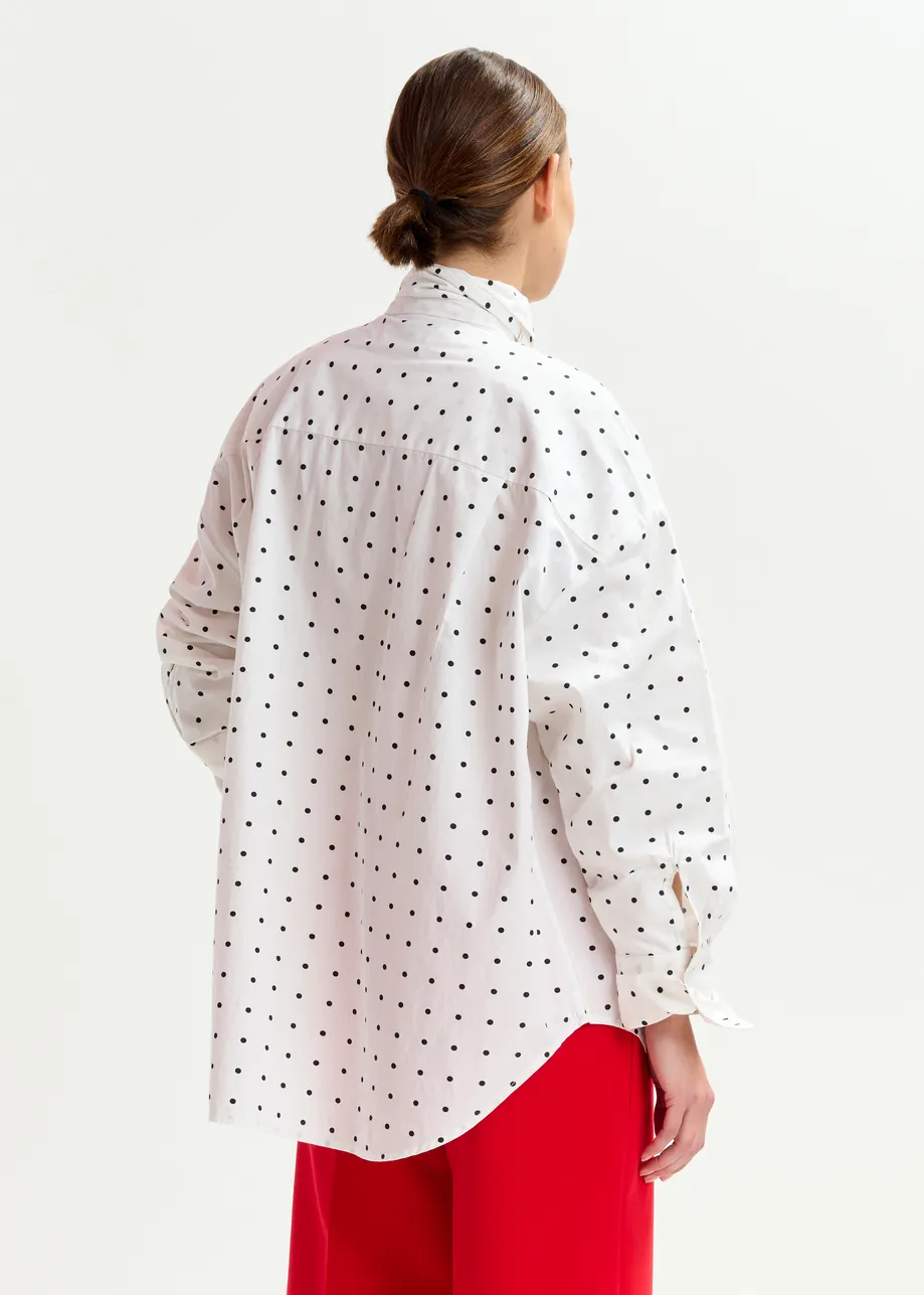 White and black polkadot cotton shirt with pussy bow